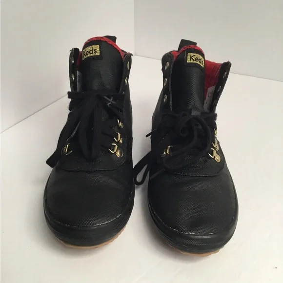 Keds Black Lace-Up High-Top Boots with Red Plaid Lining - Picture 8 of 11